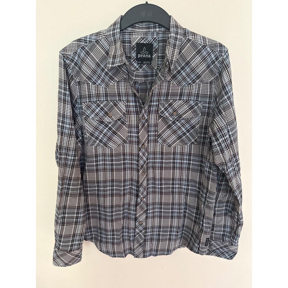 Prana Mens Small Blue Brown Plaid Western Snap Long Sleeve Organic Cotton Shirt